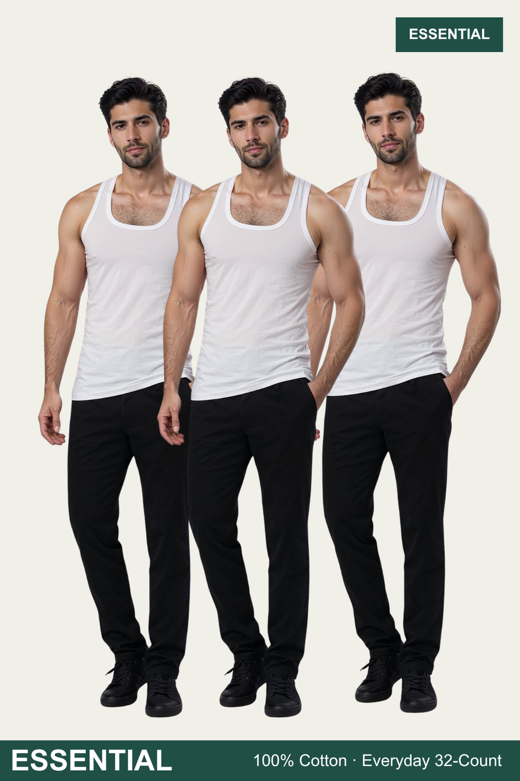 Three male models wearing white sleeveless tank tops and black pants, standing against a light gray background. The word 'ESSENTIAL' appears in a dark green banner at the top right and bottom left, with additional text 'ESSENTIAL Everyday Comfort - Cotton-Rich' at the bottom.
