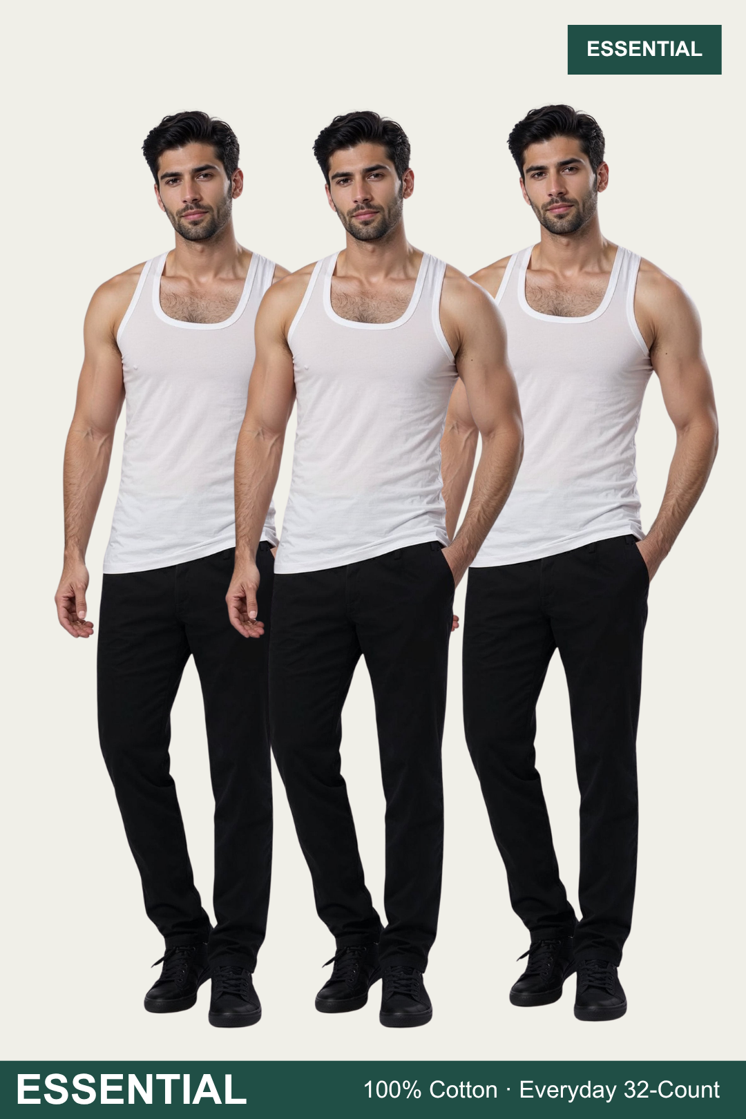 Three male models wearing white sleeveless tank tops and black pants, standing against a light gray background. The word 'ESSENTIAL' appears in a dark green banner at the top right and bottom left, with additional text 'ESSENTIAL Everyday Comfort - Cotton-Rich' at the bottom.